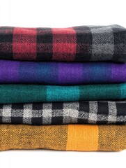 Stacked colorful flannel shirts close up studio shot on white background vibrant textile pattern fashion apparel