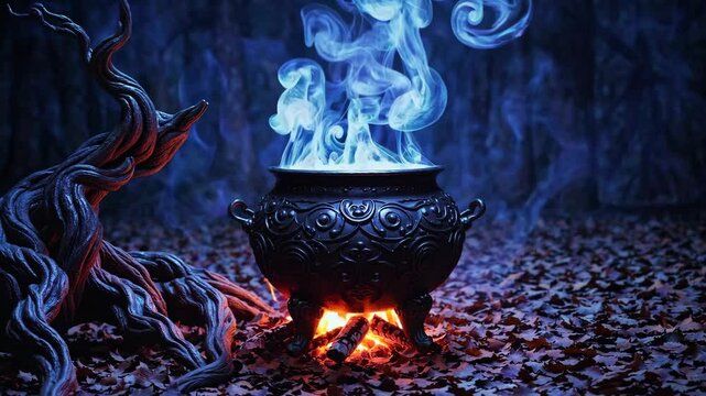 Enchanted cauldron emits mystical smoke in dark forest setting