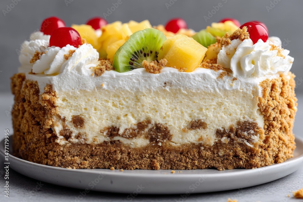 Poster delicious fruit-topped cheesecake on a grey background with a creamy layer and distinct crumb crust