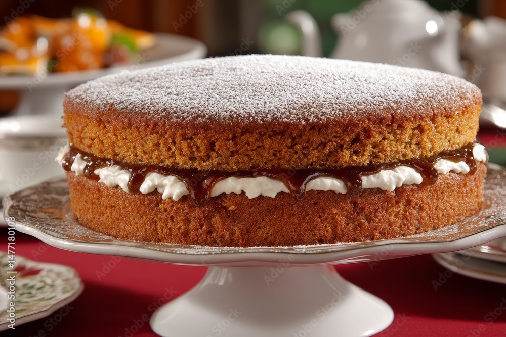 Poster delicious layered cake with cream and chocolate filling displayed on a decorative serving platter