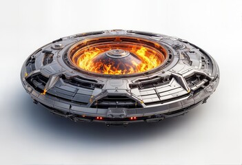 a highly detailed rendering of a futuristic, metallic ufo with a glowing, fiery core hovering above a reflective white surface.