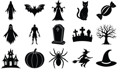 Halloween Icons Black Silhouettes Collection Set