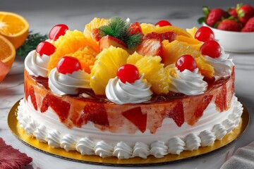 Colorful fruit cake with whipped cream and vibrant toppings on a festive table