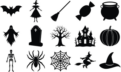 Halloween Icons Black Silhouettes Collection Set