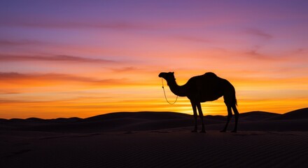 Camel Silhouette at Sunset in the Desert Landscape