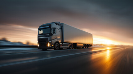 Modern Freight Truck: Adventurous Journey on Highway at Sunset - Industrial Transportation and Logistics