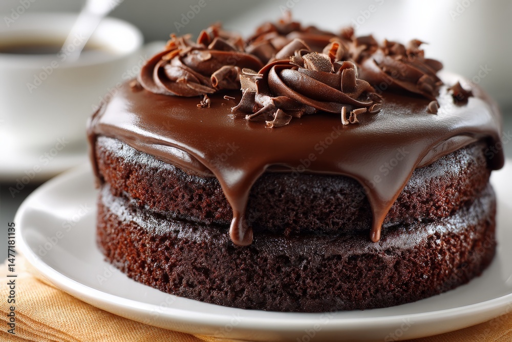 Aufkleber delicious two-layer chocolate cake topped with rich frosting and chocolate shavings served with coff