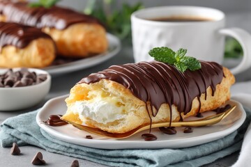 Delicious cream-filled pastry topped with chocolate drizzle and served with coffee in a cozy setting