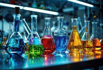 a vibrant array of colorful chemical solutions are displayed in various laboratory glassware on a reflective surface under bright fluorescent lights.