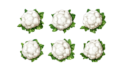 Six Fresh Caulifower Heads, Overhead View, Digital Illustration