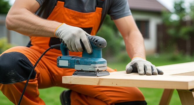 Craftsman in orange overalls sanding a wooden plank with an electric sander outdoors - Powered by Adobe