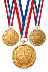 Set of gold medals isolated on transparent background with copy space