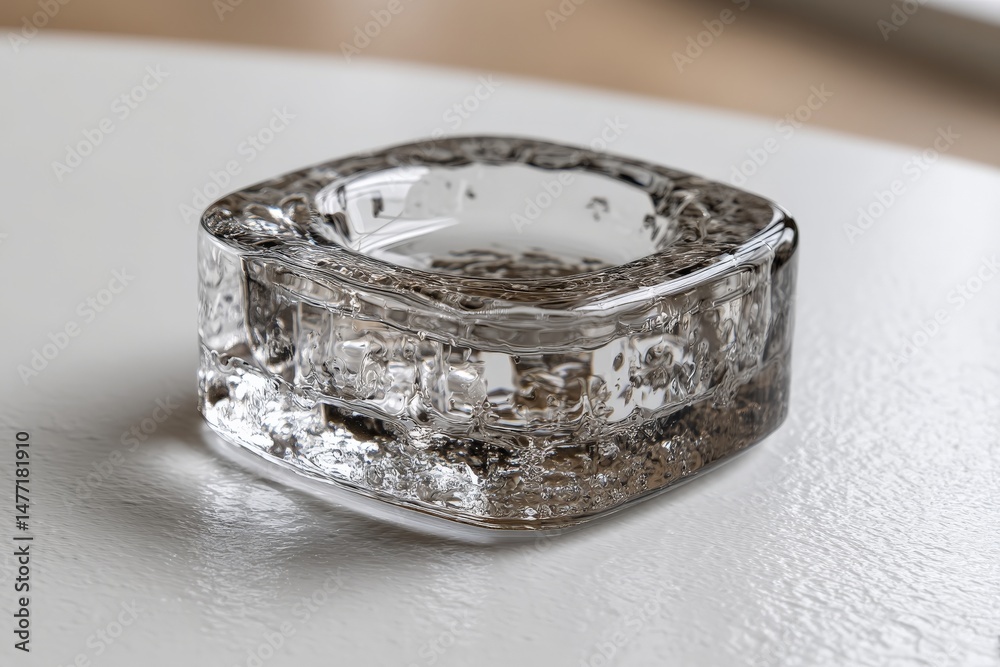Poster clear glass ashtray resting on a white table with minimalistic design in a well-lit room