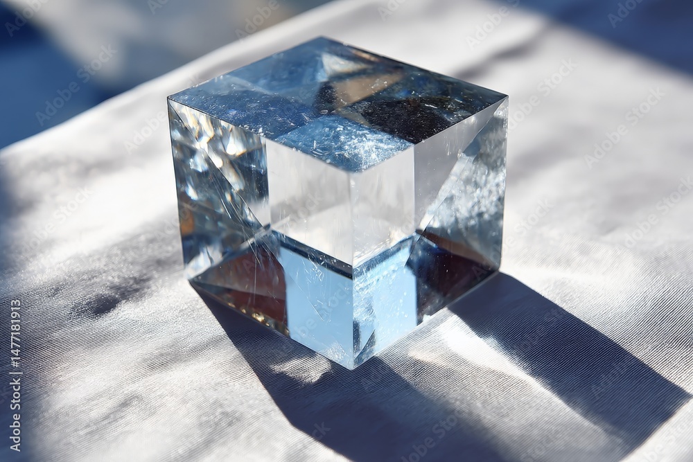 Poster glistening crystal cube reflecting sunlight on a soft surface at midday