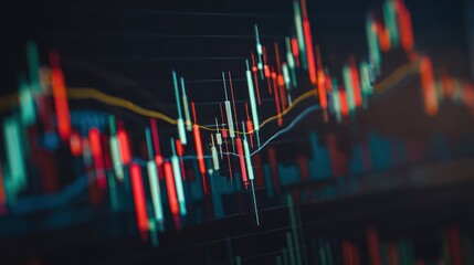 Close-up of a financial chart showing market trends with red and white lines.