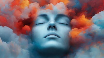 A serene blue face with closed eyes is surrounded by vibrant, colorful clouds, creating a dreamy and surreal atmosphere.