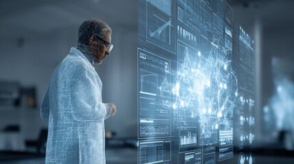 Innovative Scientist Analyzing Data Through Advanced Digital Lab Technology in Futuristic Healthcare Research Environment