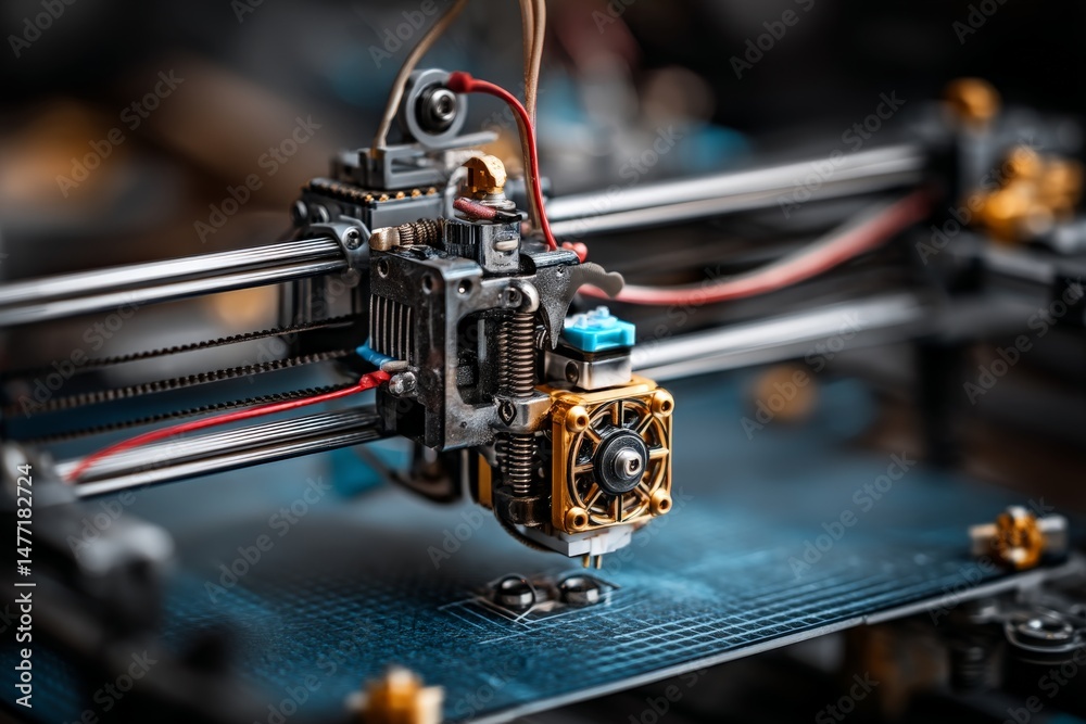 Poster Details of a 3D printer in action, showcasing intricate components and the printing platform during the early stages of a project