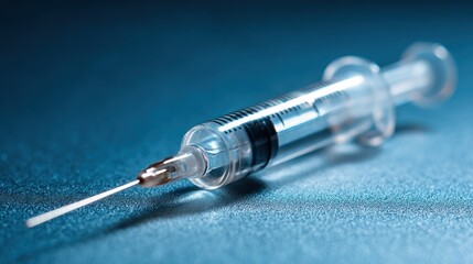 A syringe with a needle is displayed against a blue textured background.