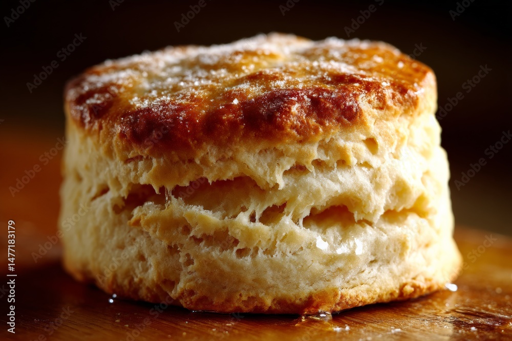 Poster fluffy biscuit with a golden crust sitting on a wooden surface garnished with a dusting of sugar dur