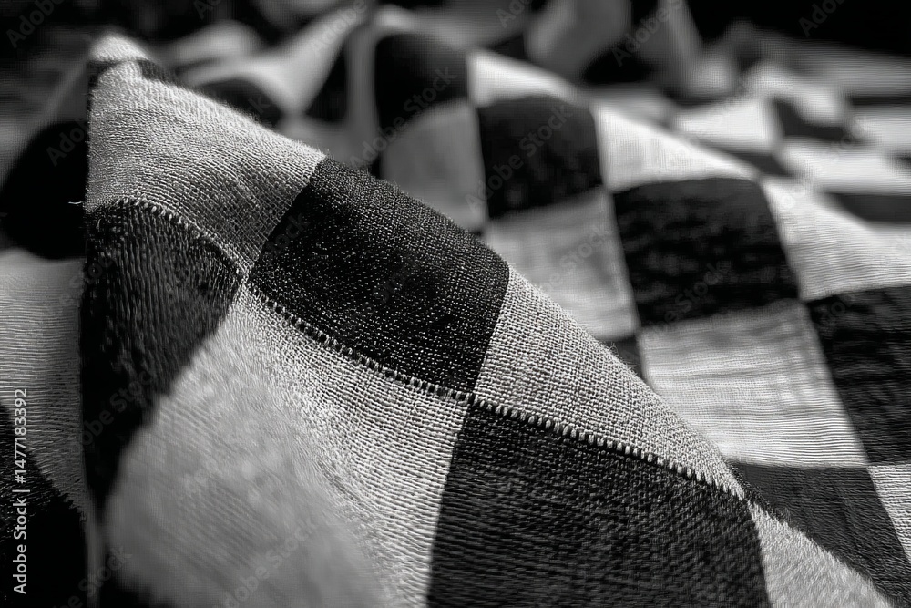 Aufkleber close-up of textured black and white checkered fabric draped on a surface in soft lighting