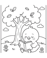 Coloring book chick sits under a shady tree, happily reading a book in a peaceful outdoor setting with grass, flowers,