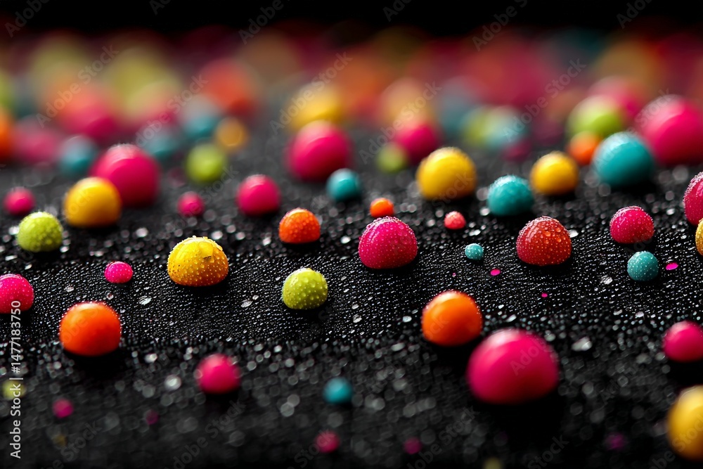 Poster colorful droplets and beads create a vibrant pattern on a black background during a close-up photogr