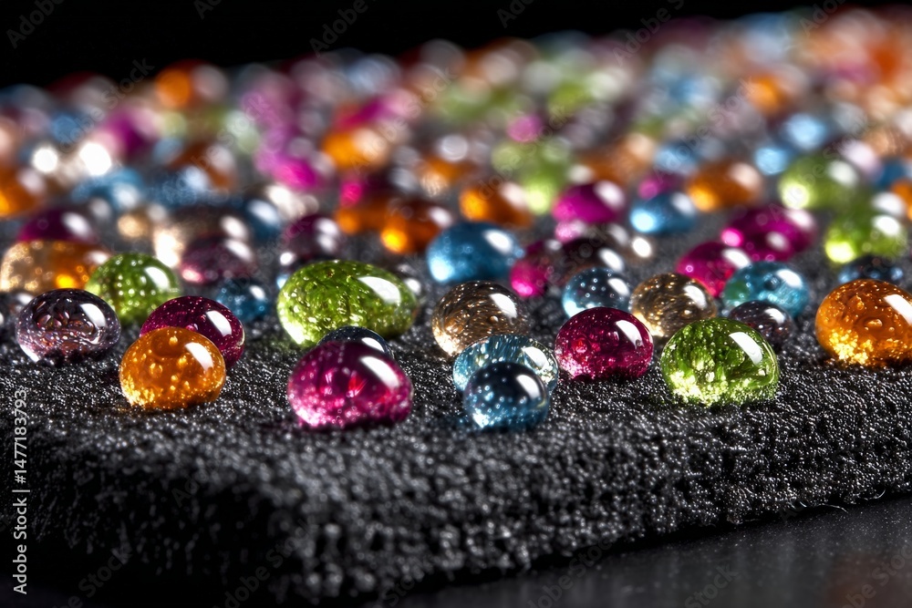 Aufkleber colorful droplets of resin adorn a textured black surface in a close-up display of craftsmanship
