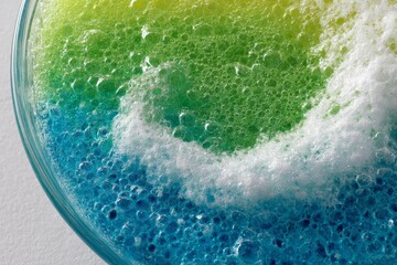 Bubbles in vibrant colors create a mesmerizing visual effect in a clear glass bowl filled with liquid