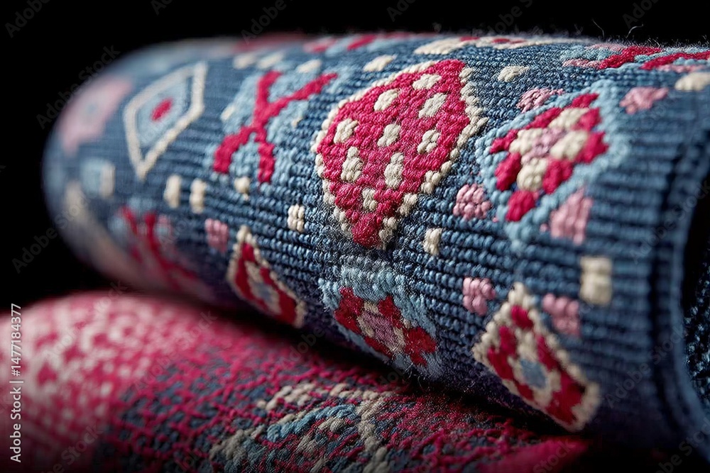 Poster Textured handwoven rugs showcasing intricate patterns and vibrant colors in a close-up view