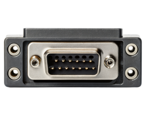 Close-up view of a multi-pin electrical connector used in devices on a transparent background