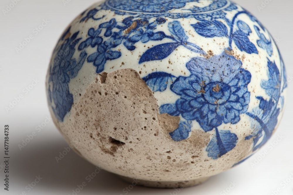 Poster old porcelain vase with blue floral patterns and visible wear displayed on a plain surface