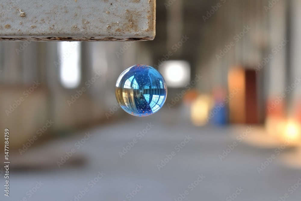 Poster floating bubble captures reflections of a bright and spacious industrial space