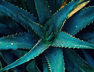 Close-up of aloe vera plant with water droplets on its leaves.