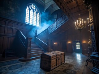 Naklejka premium Mysterious Grand Staircase in an Antique Mansion with Wooden Chest and Gothic Window
