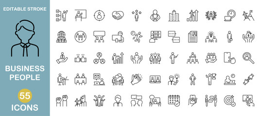 Business people icon set. Meeting, leadership, communication, cooperation. Editable stroke. Vector illustration
