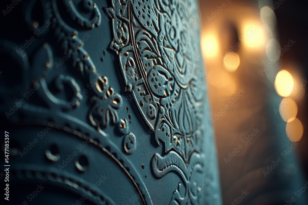 Poster Intricate leather design showcases craftsmanship in an illuminated space with soft bokeh effect