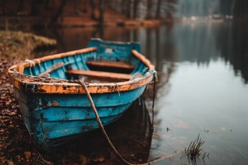 Obraz premium Colors of autumn reflected in a quiet lake while an old blue wooden boat rests on the shore during a misty morning