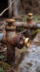 Detailed Close Up of Rusty Metal Pipes With Brass Fixtures in a Natural Outdoor Setting