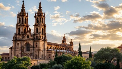 Fototapeta premium Jaen Cathedral at Sunset with Baroque Facade and Dramatic Sky in Spain