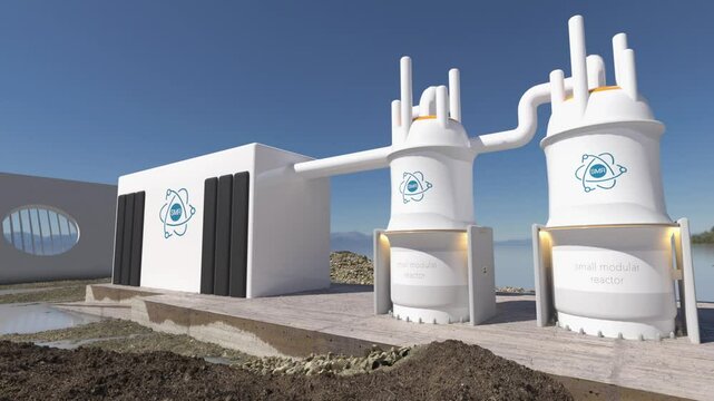 concept of a SMR small modular nuclear reactor power plant on a sunny day. SMR is a future energy concept. 3d rendering.