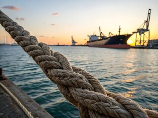 Obraz premium Close up of a thick braided rope at sunset with a cargo ship and harbor cranes in the blurry background
