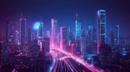 Obraz premium A futuristic cityscape with glowing skyscrapers and neon light trails on the roads at night time