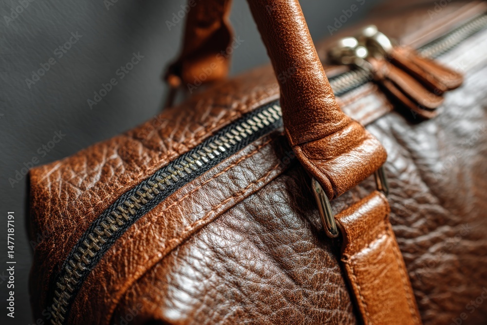 Poster Close-up view of a brown leather bag showcasing its craftsmanship and intricate details of the zipper and handle