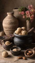 Still life photography of almond cookies in rustic pottery bowls, accompanied by flowers and almonds.