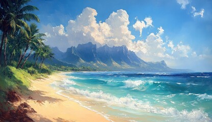 Tropical beach scene with mountains and clouds.