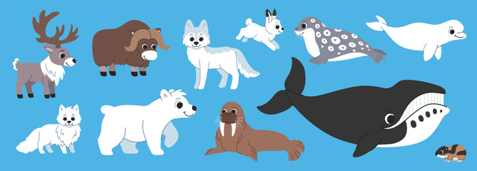 Children s northern animals cartoon set. Arctic inhabitants - polar bear, wolf, arctic fox, walrus, seal, caribou and other cute animals. © Ирина Яшкирева