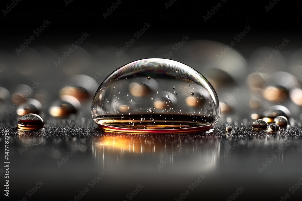 Poster Close up view of water droplets on a black surface with reflections under soft lighting