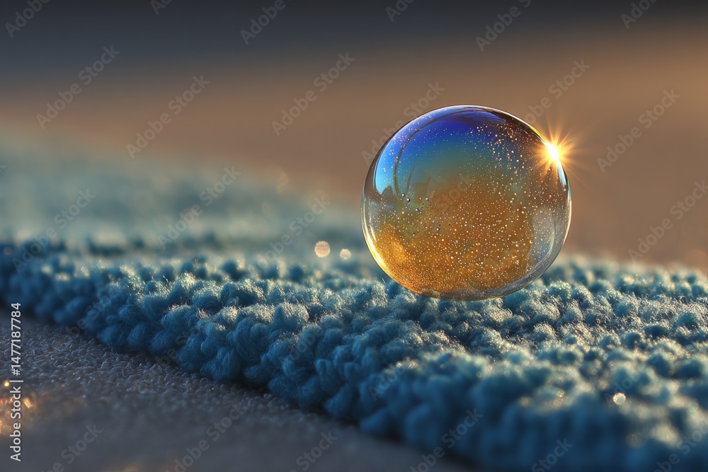 Aufkleber Droplet resting on soft blue fabric captures light and creates colorful reflections in a serene setting