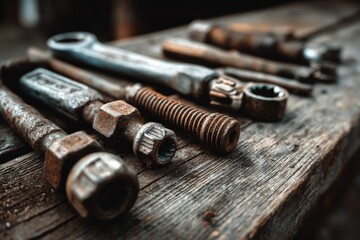 Various hand tools laid out on a weathered wooden workbench in a workshop
